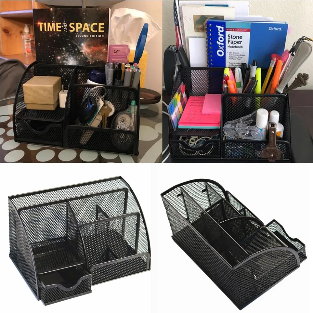 Multi-function metal desktop Organizer with 6 Compartments Drawer | The Mesh Collection Black Office storage rack#2B03