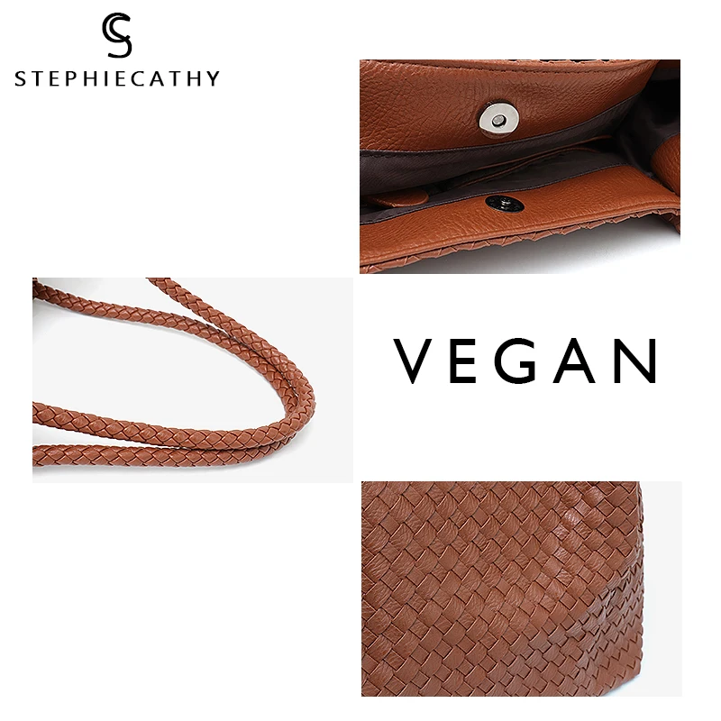 Kopen Sc Vrouwen Vegan Lederen Schoudertas Tote Handtas Vrouwelijke Grote Hoge Kwaliteit Handgemaakte Geweven Dames Schouder Top Handvat Tas Met portemonnee
