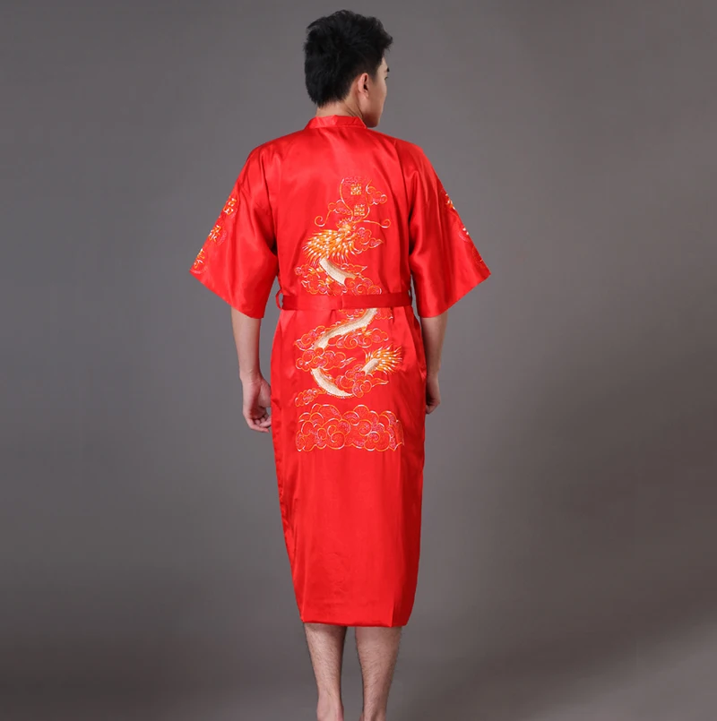 Плюс Размеры S-XXXL Красный Для мужчин дракон халат платье Китайский Мужской сатин ночное халат традиционные Вышивка кимоно юката mp065
