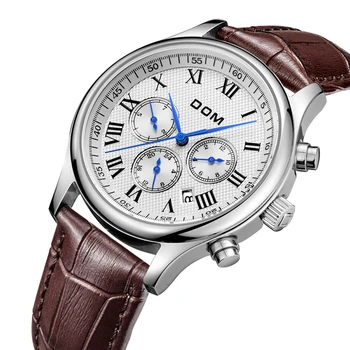 

Relogio Masculino DOM Business Mens Watch Top Brand Luxury Three Eyes Watch Leather Sports Steel Calendar Waterproof Silver Gift