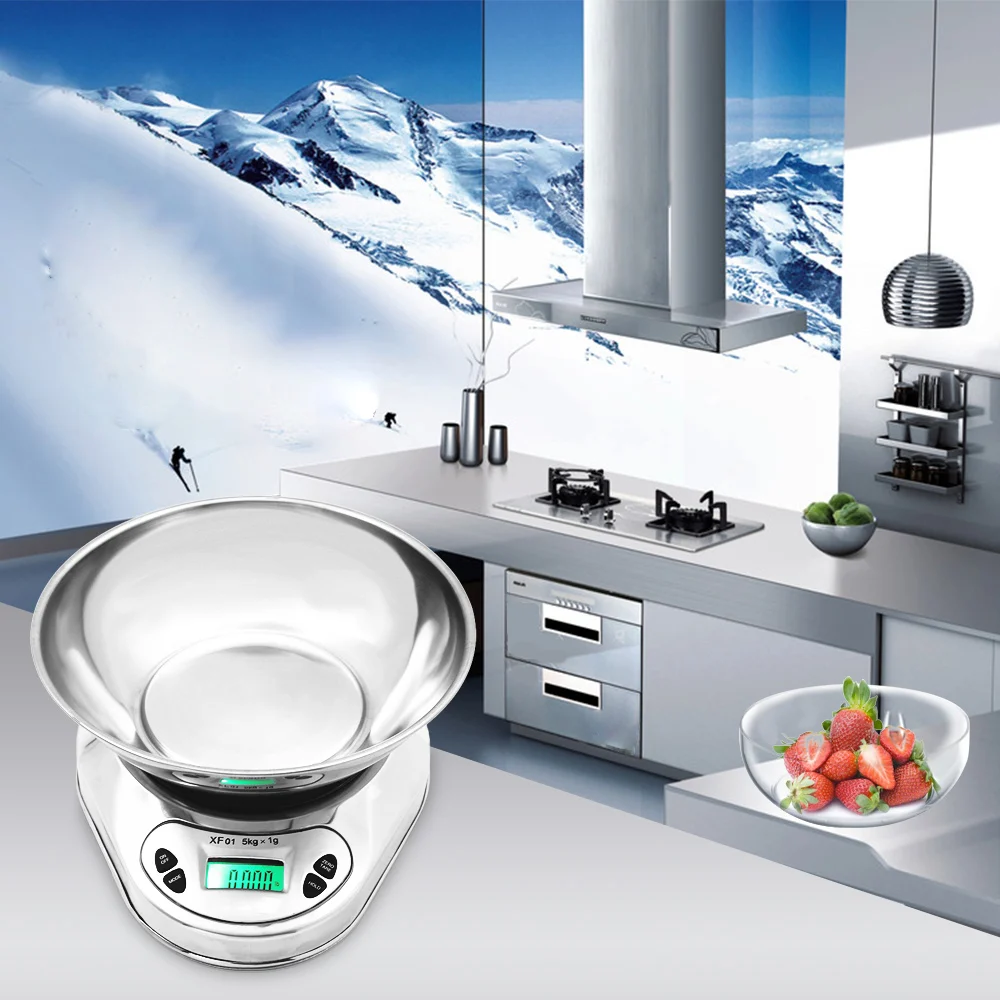 

5kg/1g Digital Kitchen Scale Stainless Steel Food Libra Weight Sensor LCD Electronic Kitchen Scales Alarm Timer Weight with Bowl