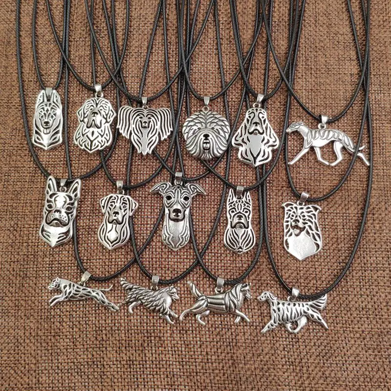 

2019 Wholesale 10 PCS Dog Animal Pendant Antique Retro Silver Rope Necklace Whippet Husky Poodle Jewelry For Women Punk Cute