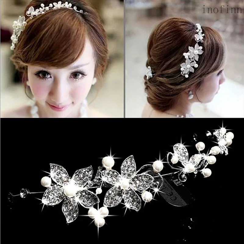 

Inofinn Silver bride's diamond and pearl Flower headdress Korean version of the headdress bride adorn article bride hair band