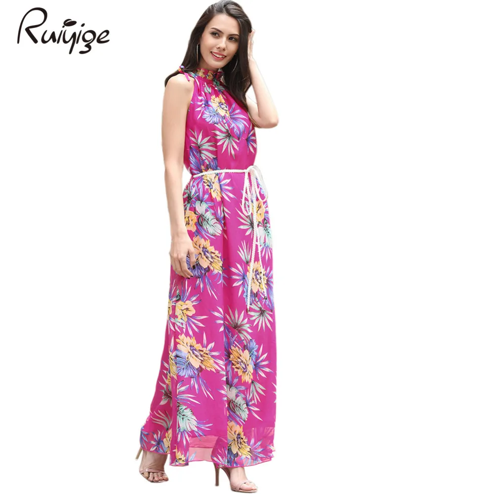 Ruiyige 2017 Women Summer New Style Boho Floral Print Sleeveless Halter Neck Sashes Tunic Long Maxi Dresses Casual Beach Robes long-floral-maxi : image Ruiyige 2017 Women Summer New Style Boho Floral Print Sleeveless Halter Neck Sashes Tunic Long Maxi Dresses Casual Beach Robes long-floral-maxi