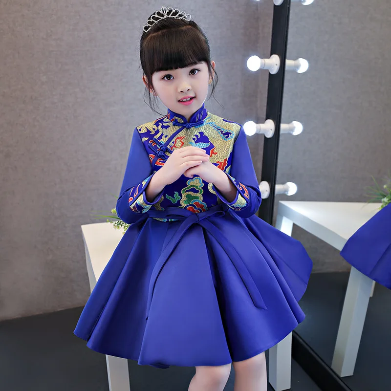 

Red Chinese Qipao Children Autumn Girl Cheongsam Satin Dress Guzheng Flower Party Dresses Kids Brithday New Year Child Clothes