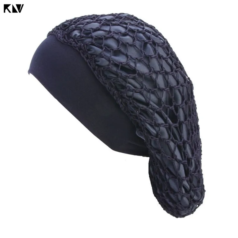 KLV женский ажурный сетчатый снуд, шапка для сна, одноцветная широкая полоса, винтажная вязаная шапка-тюрбан для волос - Цвет: Тёмно-синий