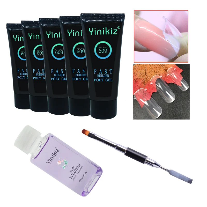 

Yinikiz 5colors 60g 8pcs Poly Gel Kit Dual Function Brush Nail Form Modle Nail Liquid Slip Solution Uv Fast Builder Gel Set