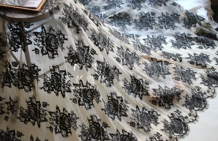 

New arrival wedding party dress lace! Skin nude color french net black lace fabric allover black florals eyelash chantilly lace