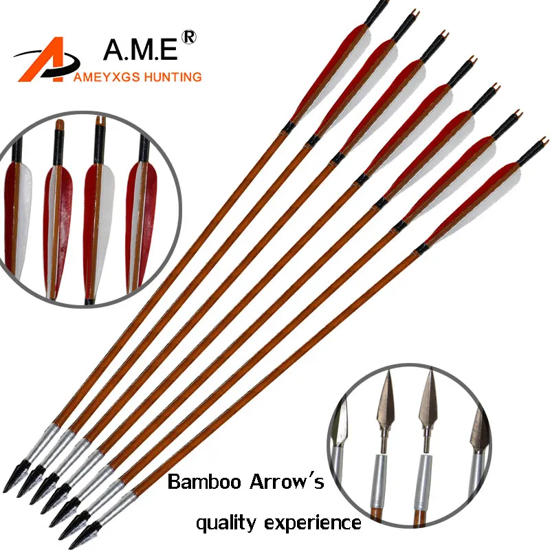 6Pcs Long Feathers Archery Wooden Arrows 80cm Metal Tips OD 8.6mm F Hunting