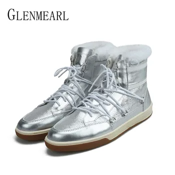 

Women Shoes Leather Winter Snow Boots Fur Warm Plush Casual Shoes Woman Flat Wool Ankle Boots Round Toe Lace Up Sliver Plus Size