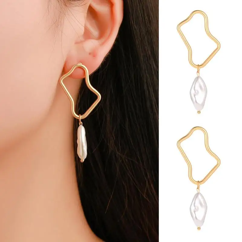 

Korean Style Vintage Metal Pearl Simple Jewelry Geometric Dangle Circle Irregular Women Girl Wedding Earrings