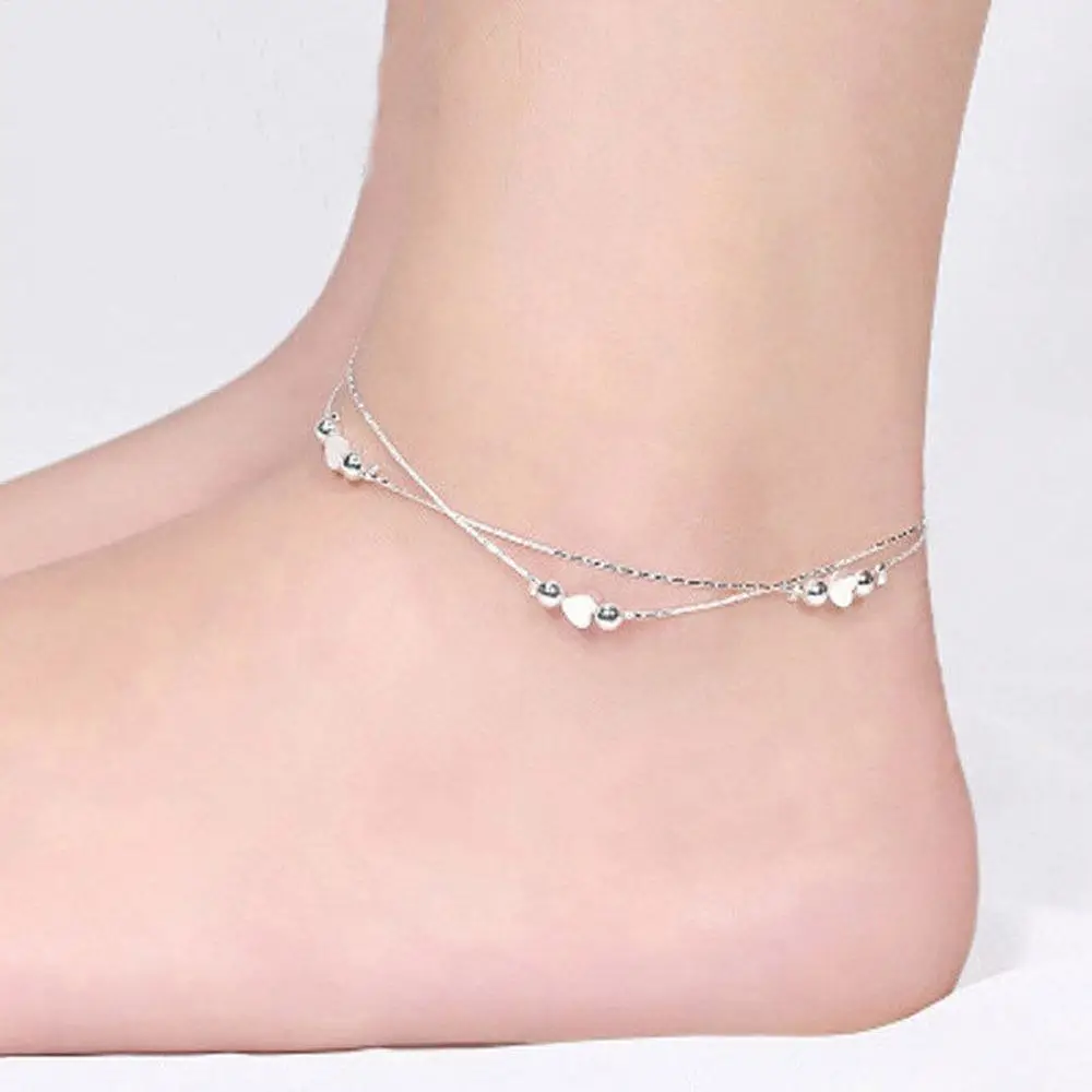 1PCS Hot Sexy Anklet Foot Chain love Heart Shaped multilayer Silver Anklets wholesale feet lady