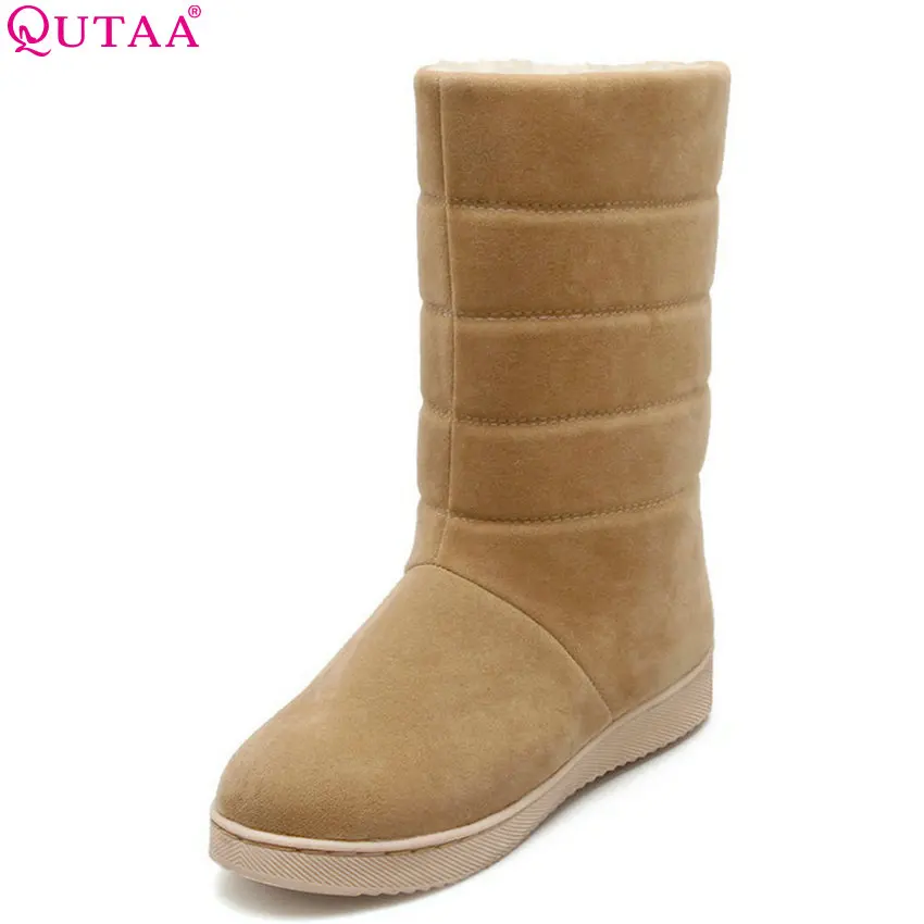 

QUTAA 2019 Women Mid Calf Boots Slip on Elegant Women Shoes Black Round Toe Flock Winter Boots Women Shoes Boots Big Size 34-40