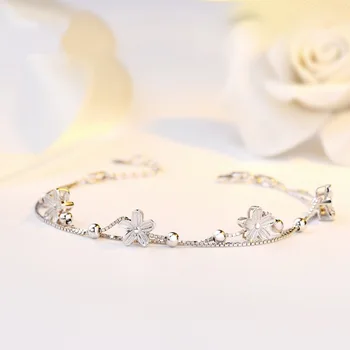 

Real 925 Sterling Silver Flower Charm Bracelet & Bangle For Women Gift Link Chain Pulseras Mujer SL244