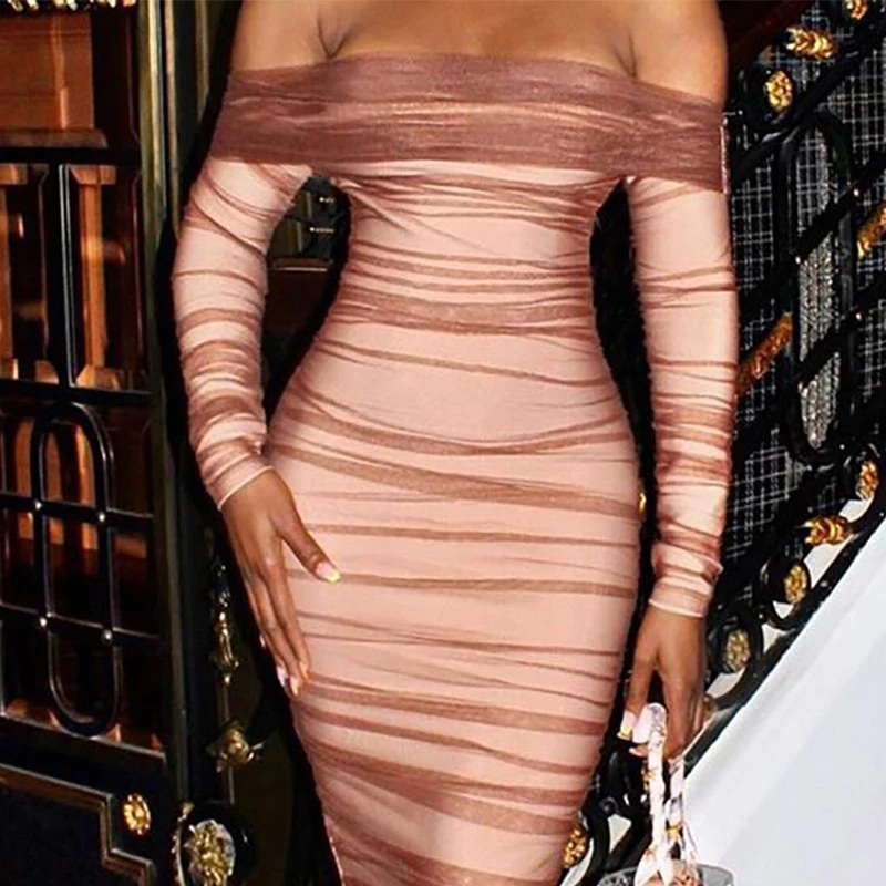 

Off Shoulder Bodycon Long Sleeve Mesh Dress Women Mini Pleated Sexy Bodycon Dress Ruched Club Party Maxi Summer Dresses Vestidos