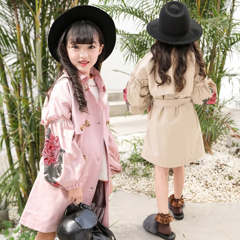 

Quality Fashion New Children Girl Trench Coat Embroidered Roses Belt Jacket Kids Girls Jackets Outfits