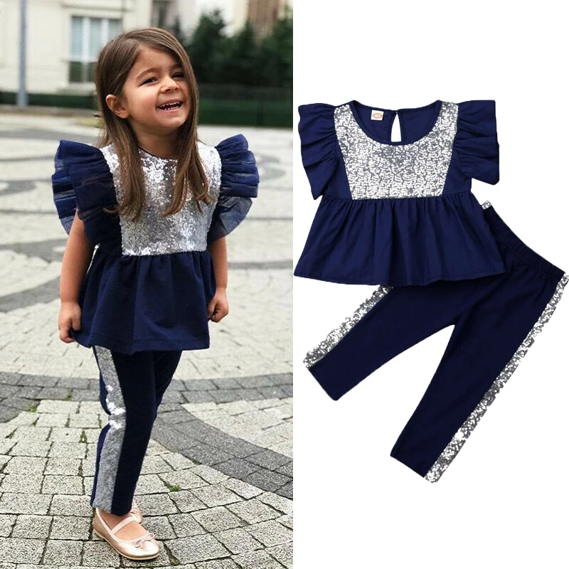 

Fashion 1-5Y Toddler Kids Baby Girl Clothes Sets Sleeveless Flared Sequin Tops Pants 2Pcs Outfits Set Clothes