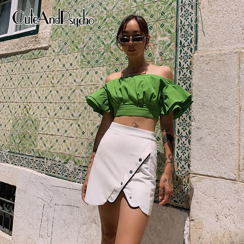 

2019 Puff Sleeves Fashion Crop Tops Sexy Women Off Shoulder Harajuku T-shirt Top Tees Summer Korean Streetwear Cuteandpsycho