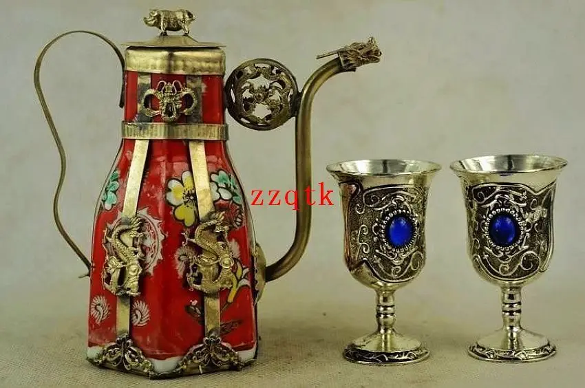 

Star Dragon armor hand-decorated porcelain teapot & one pair Miao silver goblet