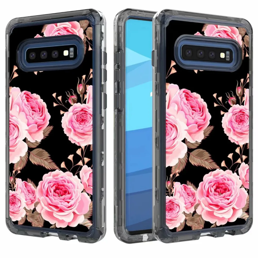 

flower Design Hybrid Impact Defender Shockproof Drop Protection PC Back Case+Transparent TPU side For Samsung Galaxy S10 6.1"