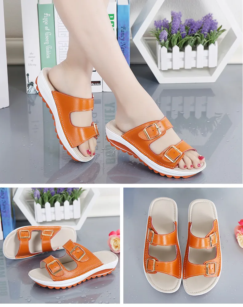 women slippers buckle real leather slides shoes solid thick sole heels beach sandals women outside flip flops summer (10)