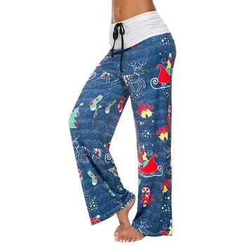 

Women Wide Leg Pants High Waist Christmas Floral Print Casual Loose Drawstrings Trousers Dropshipping Wholesale