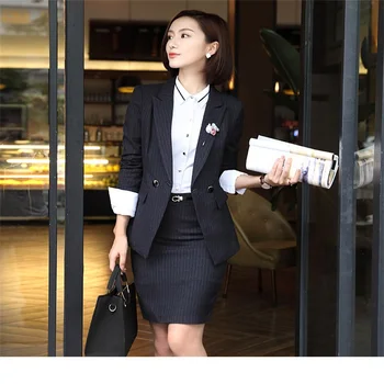 

(Jacket + pants) Fashion Business women pants suit winter formal stripe long sleeve slim blazer and pants office lady work sets