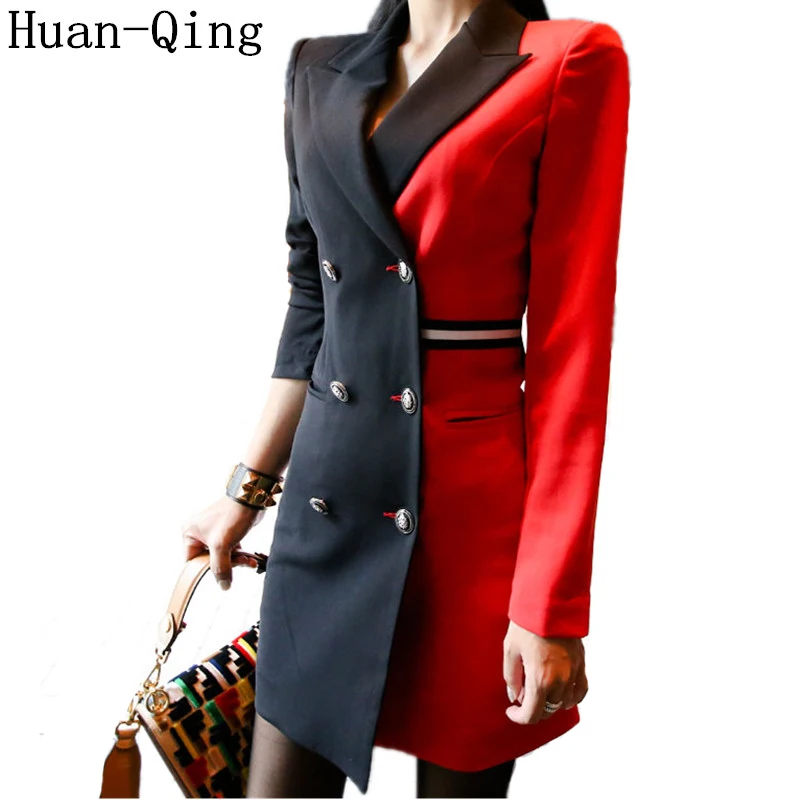 

Autumn Women's Vintage Patchwork Suit Jacket Double Breasted Blazers Coat Office Lady Long Sleeve Long Blazers Dress Outerwear