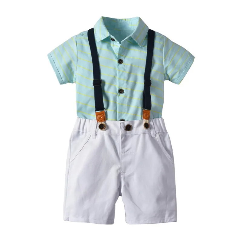 

4pcs/Set Summer Baby Boys Striped Short-sleeved Shirt Bow tie Gentleman Strap Pants Children's Clothing 1-5Y