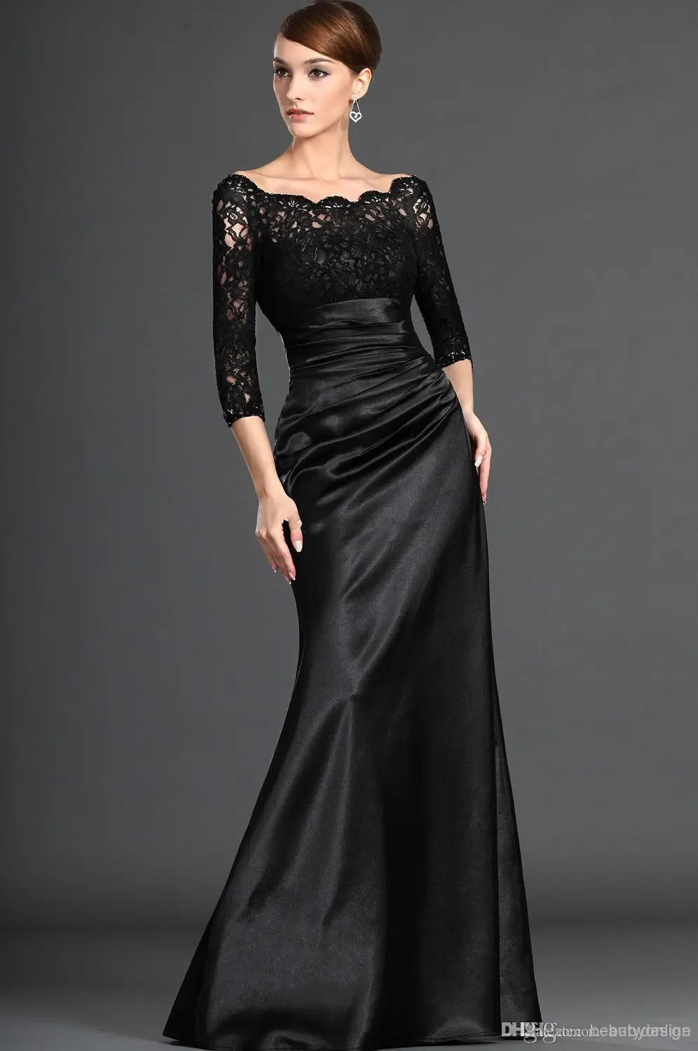 Custom made black satin mother of the bride dresses floor length bateau 3/4 long sleeves lace sheath evening prom mother dresses EB215