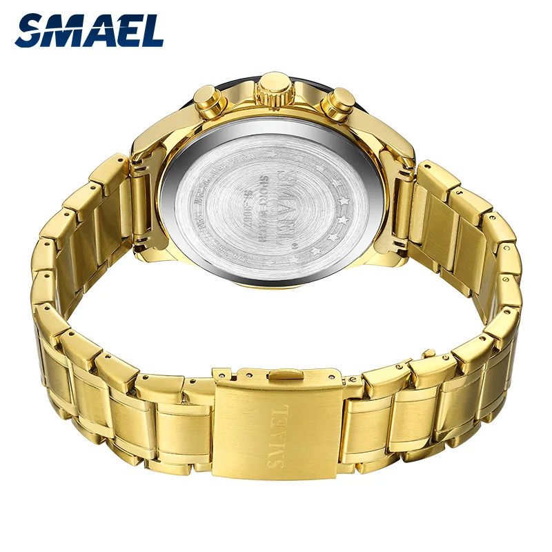 SMAEL Luxury Men Watches Gold Tone Stainless Steel Expansion Band Fashion Chronograph Quartz Watch Men Sport Wristwatch