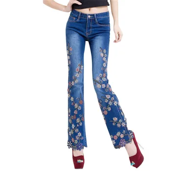 

High Quality Jeans Women Jeans Embroidery Beads Mid Waist Slim Pants Bell Bottom Stretch Jeans Rhinestones Embroidered Trousers
