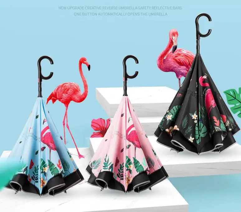

Large Flamingo Reverse Umbrella Rain Women High-end Gift C-handle Umbrellas Parasol Equipped With Night Line Light Strip