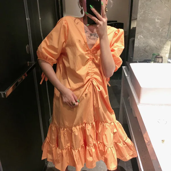 Новинка, летнее платье в Корейском стиле, элегантные сексуальные вечерние платья с рукавами-фонариками, Черное и белое женское платье - Цвет: orange