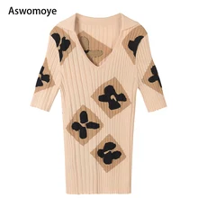 Летняя модная сексуальная женская футболка с глубоким v-образным вырезом, короткий рукав, тонкие трикотажные женские топы и рубашки, футболки с цветочным узором, повседневные рубашки