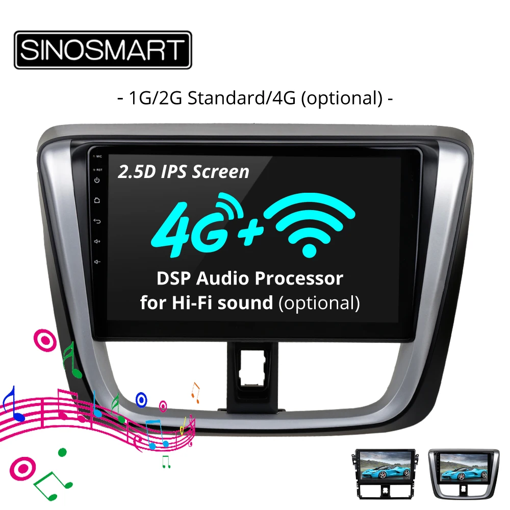 

SINOSMART 2.5D IPS/QLED Screen 1G/2G Car GPS Navigation Player for Toyota Vios Yaris 2014-2019 32EQ DSP, 4G RAM Optional