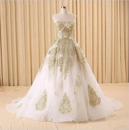 New Sweetheart Organza White And Gold Lace Ball Gown Wedding Dresses New Sweetheart Organza White And Gold Lace Ball Gown Wedding Dresses 2016 Bridal Gowns Custom Size 2 4 6 8 10 12 14 16 18 W547 In From