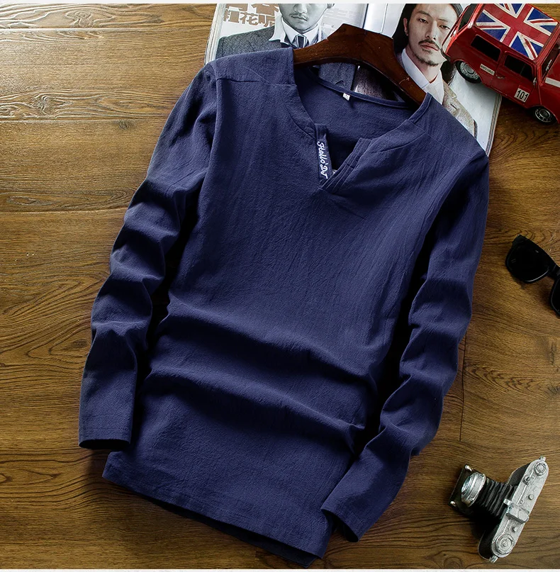 Летняя винтажная Мужская рубашка бренда большого размера мужская с v-образным вырезом хлопковая с длинным рукавом льняная рубашка плюс размер одежда M-6XL