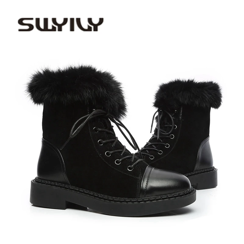 SWYIVY Women Ankle Boots Fur Natrual Suede 2018 New Female Winter Snow Boots Ladies Velvet Warm Winter Snowboots Snow Boot