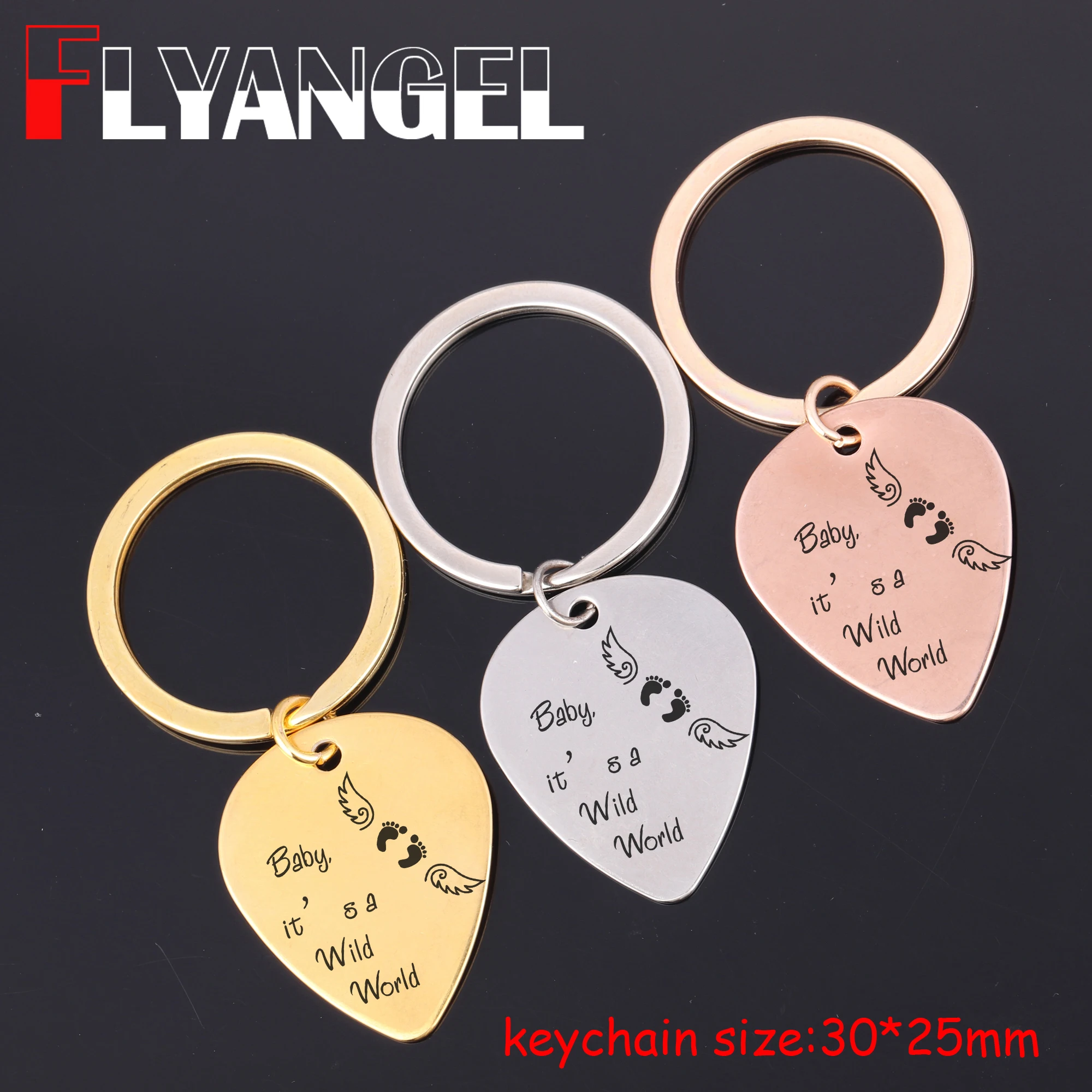 

FLYANGEL Baby Loss Engraved Keychain Angle Wing Baby It's Wild World Car Key Tag Memorial Gifts Guitar Pick Keyring