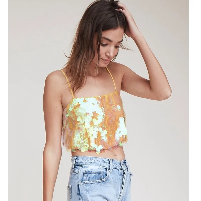 Buy yellow glitter sequin sexy top women cropped