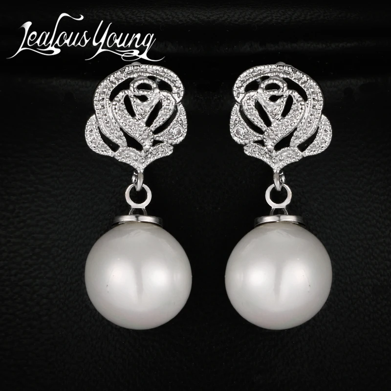 

Luxury Romantic Rose Flower Imitation Pearl Earrings for Women AAA Cubic Zirconia Bridal Earrings Indian Jewelry Brincos AE447