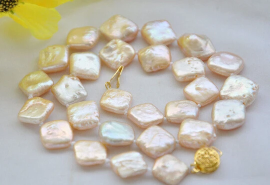 

N1149 13mm square opposite angles coin pink freshwater pearl necklace 16inch NEW