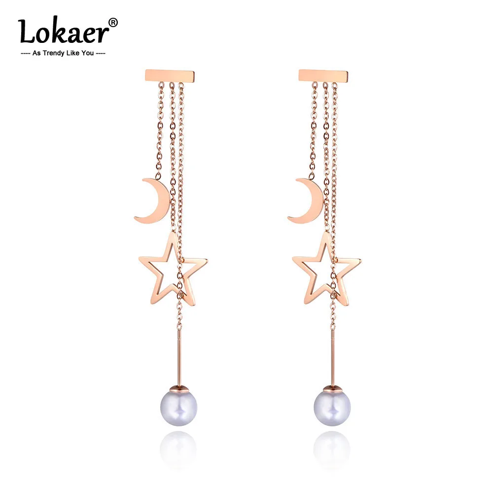 

Lokaer Trendy Stainless Steel Star Moon Tassel Drop Earrings Jewelry White Pearl Rose Gold Dangle Earrings For Women Girl E19089