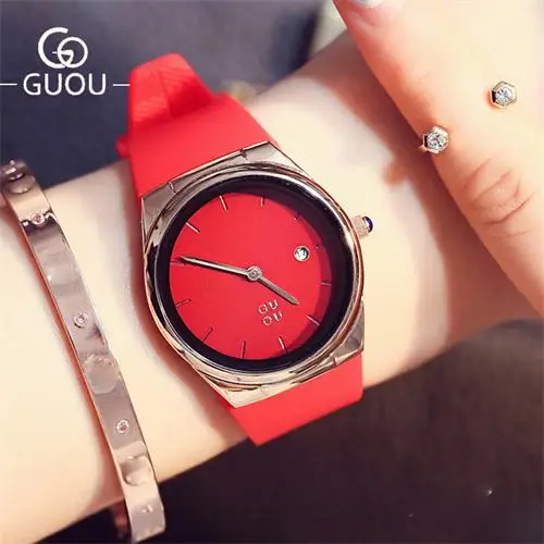 GUOU, женские часы, подлинные, модные, HK, бренд, высокое качество, женские часы, водонепроницаемые, сплав, кварцевые часы, женские, horloges vrouwen - Цвет: red