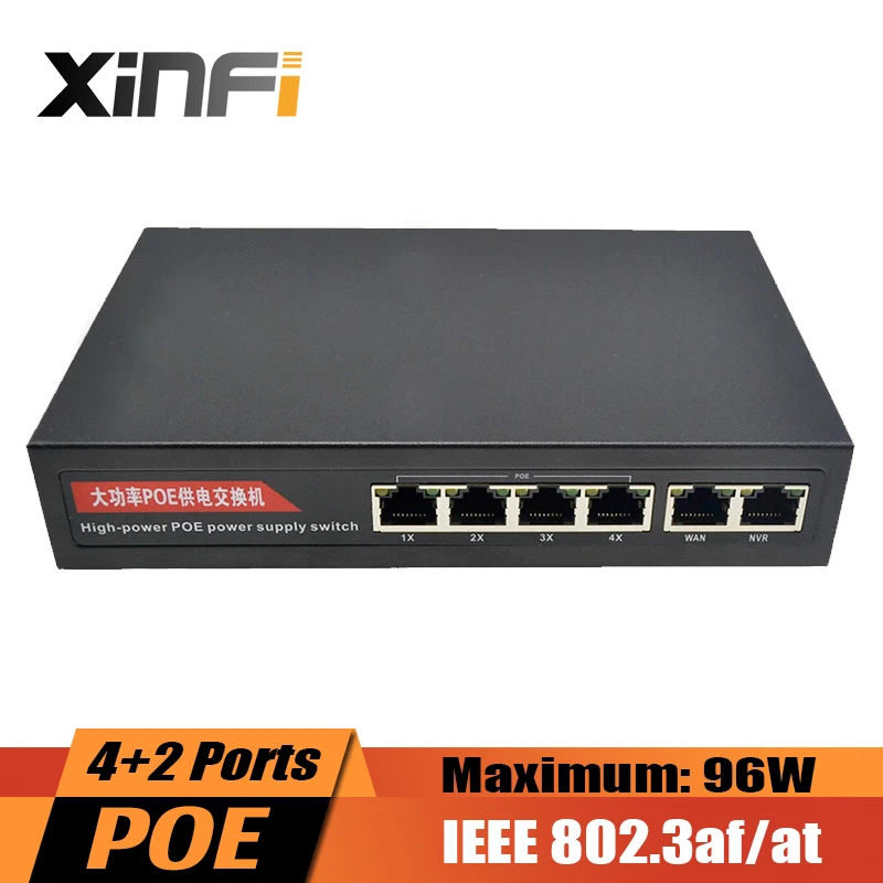 

XINFI 4 Ports PoE Switch IEEE802.3af/at 4 Ports POE + 2 Ports Uplink Switch Power Over Ethernet Endspan for IP Cameras AP 96W