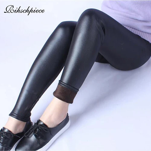 Rihschpiece Plus Size 6XL Velvet Leggings Women PU Leather Pants Fleece Thick Warm Jeggings High Waist Push Up Trousers RZF1660 crossover leggings Leggings