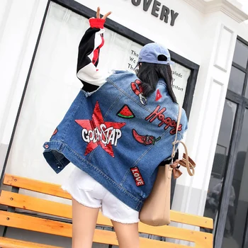

Fashion Sequin Embroidery Denim Jacket Women Spring Long Sleeve Basic Coat 2019 New Streetwear Korean All-match Jean Jacket