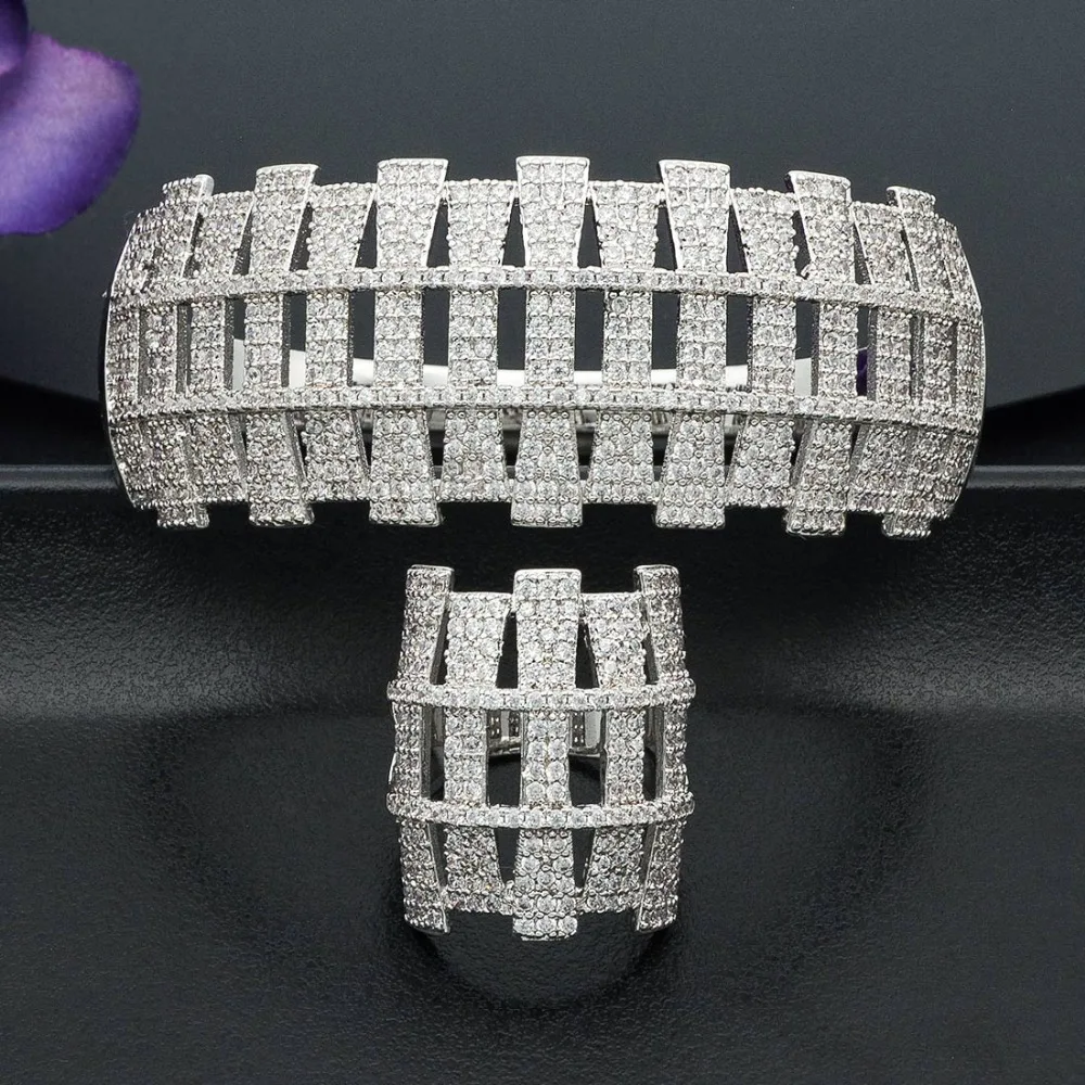 

Luxury Line Geometry Full Mirco Paved Cubic Zirconia Bracelet Bangle And Ring Set Women Bridal Wedding Handmade Jewelry