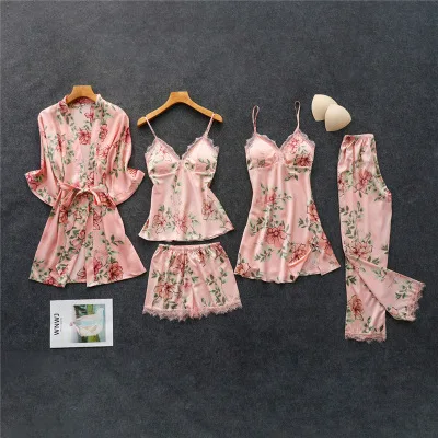 Женский пижамный комплект, Шелковый комбинезон с цветочным принтом, 5 шт., пижамные комплекты, атласная пижама, сексуальная пижама с кружевами, ночная рубашка, домашняя одежда, пижама - Цвет: pink 5pcs